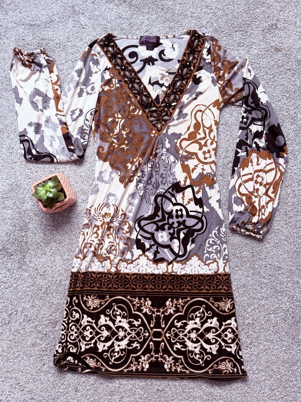 Vintage Hale Bob V neck dress geometric paisley prints beaded stones